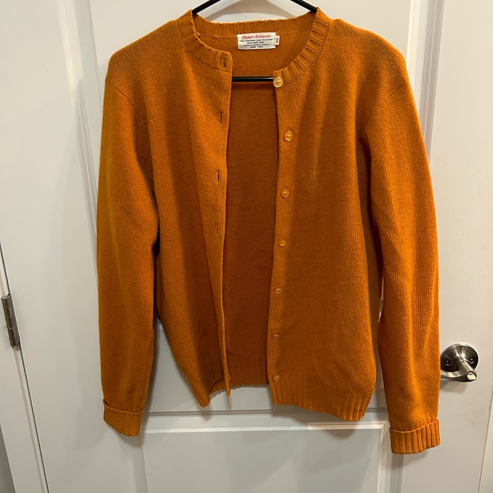 Vintage Olympic Knitwear 100% Lambs Wool Orange Button Sweater 70s Size 40 US M